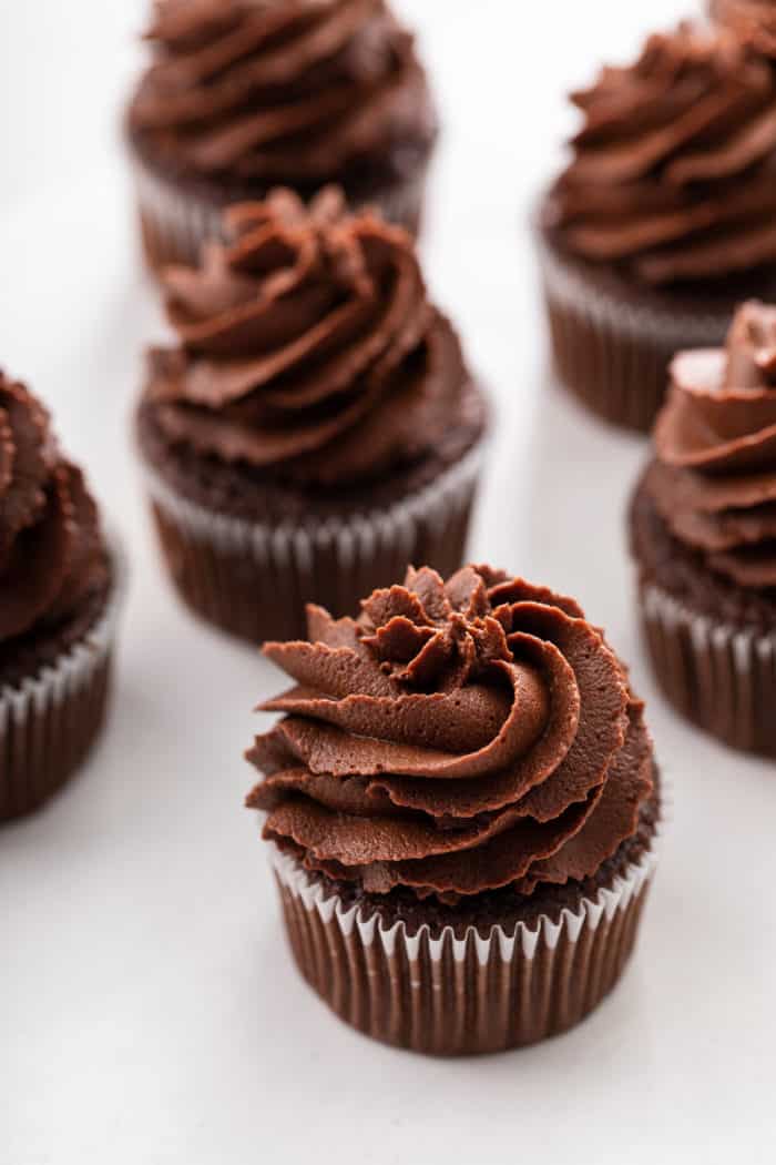 Chocolate cupcakes topped with whipped chocolate ganache frosting.