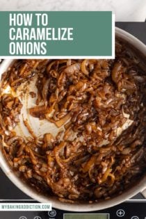 Caramelized onions in a large skillet set over an induction burner. Text overlay includes recipe name.