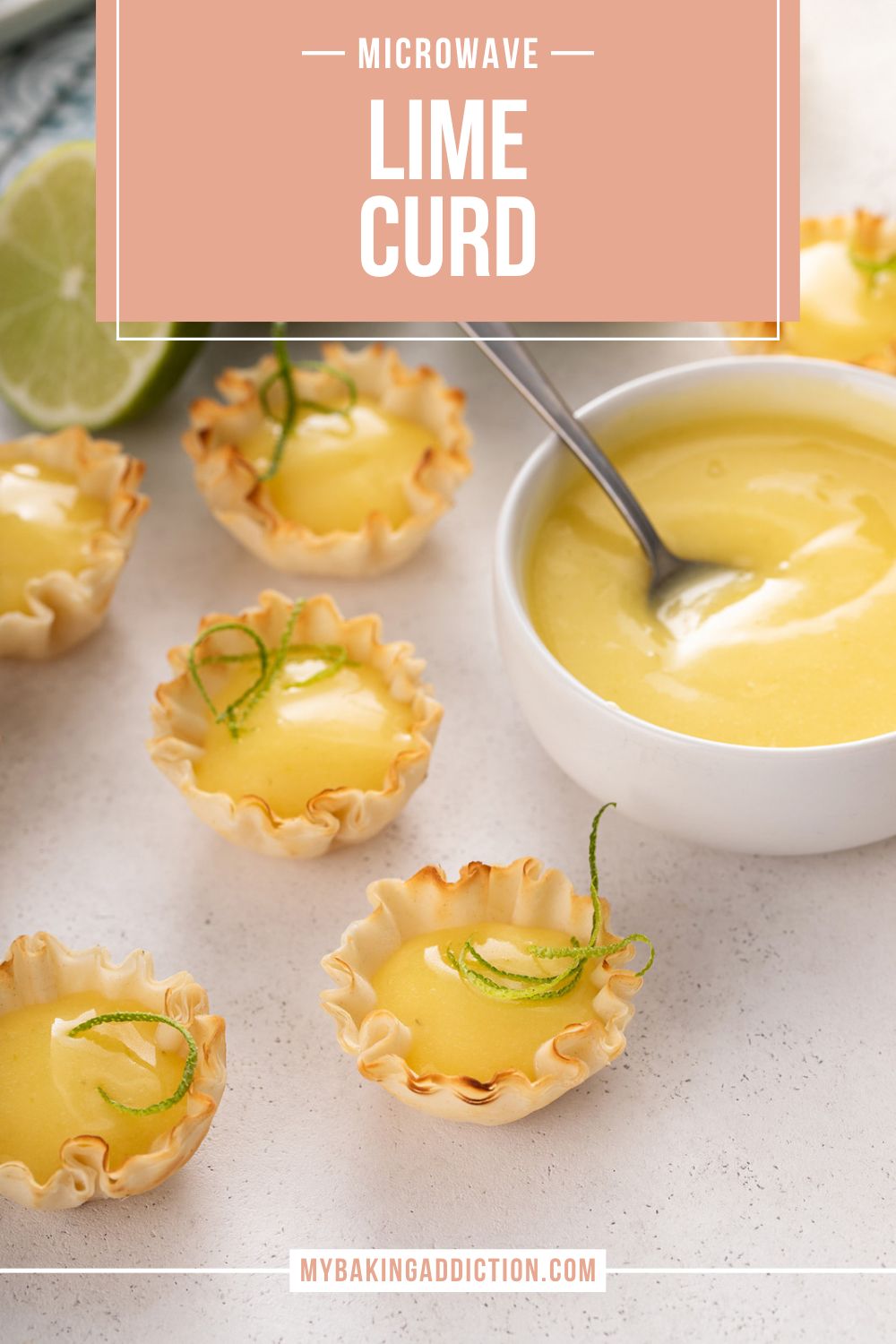 Phyllo shells filled with lime curd arranged next to a white bowl filled with lime curd. Text overlay includes recipe name.