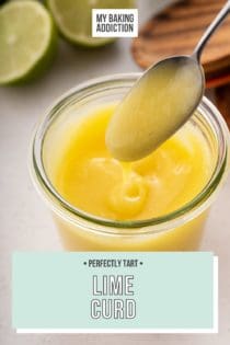 Spoon drizzling lime curd back into a glass jar of the curd. text overlay includes recipe name.