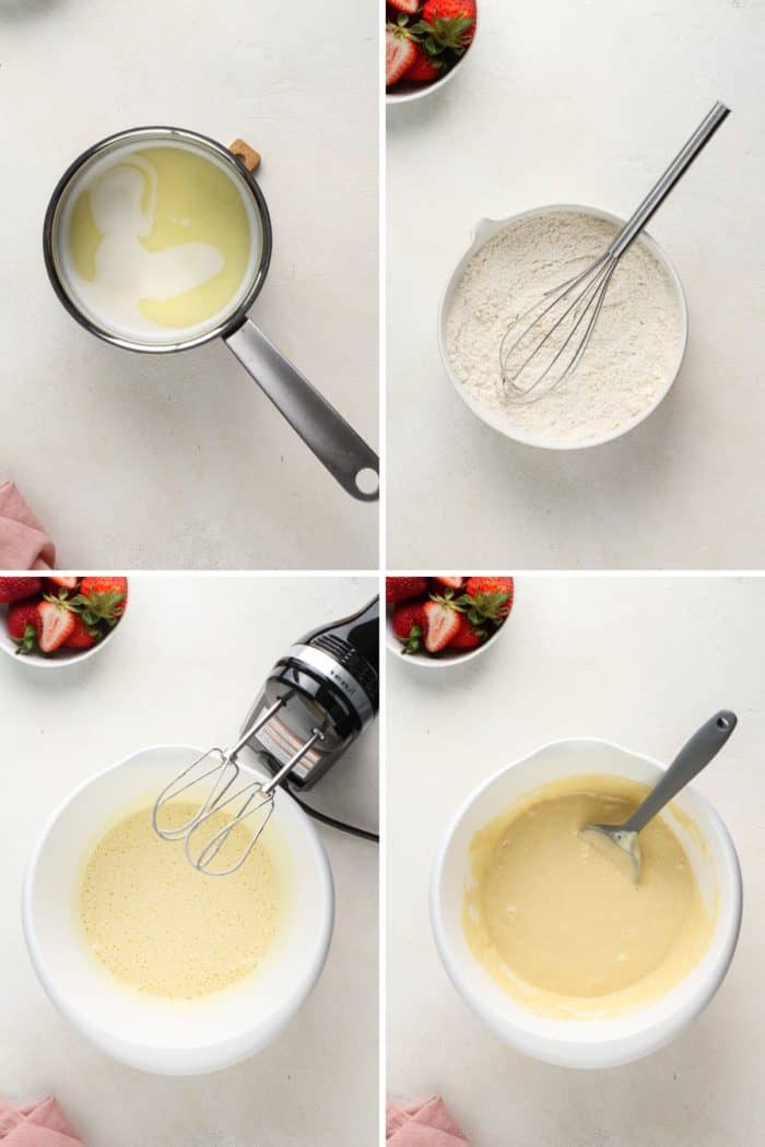 Four images showing the process of making the batter for strawberry shortcake cupcakes.