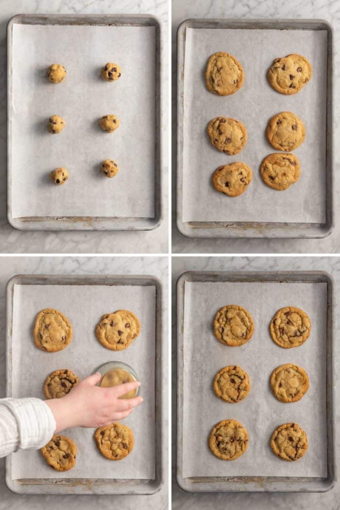 Four images showing chocolate chip cookie dough balls, then baked, then being reshaped, then the perfectly round cookies on the baking sheet.
