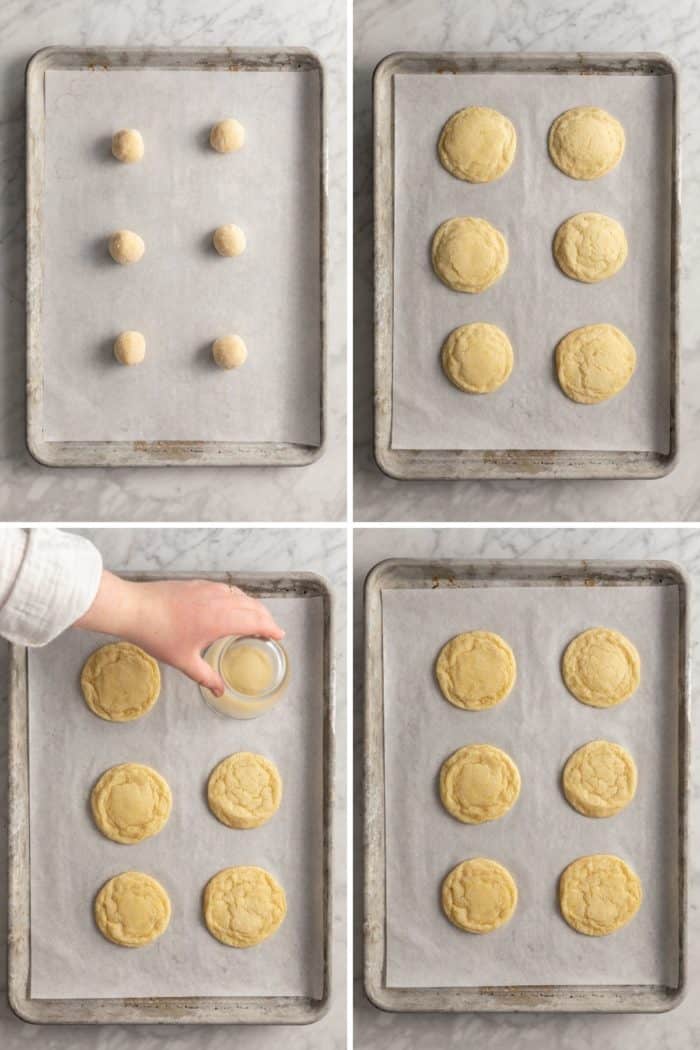 Four images showing sugar cookie dough balls, then baked, then being reshaped, then the perfectly round cookies on the baking sheet.