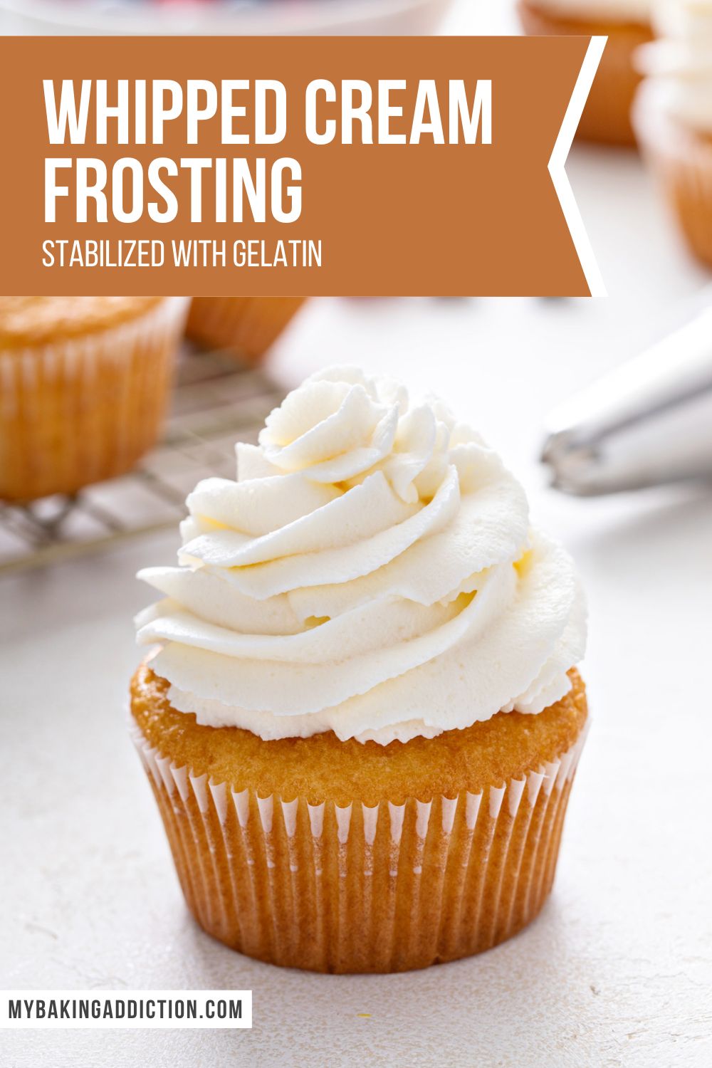 Close up of a vanilla cupcake topped with whipped cream frosting. text overlay includes recipe name.