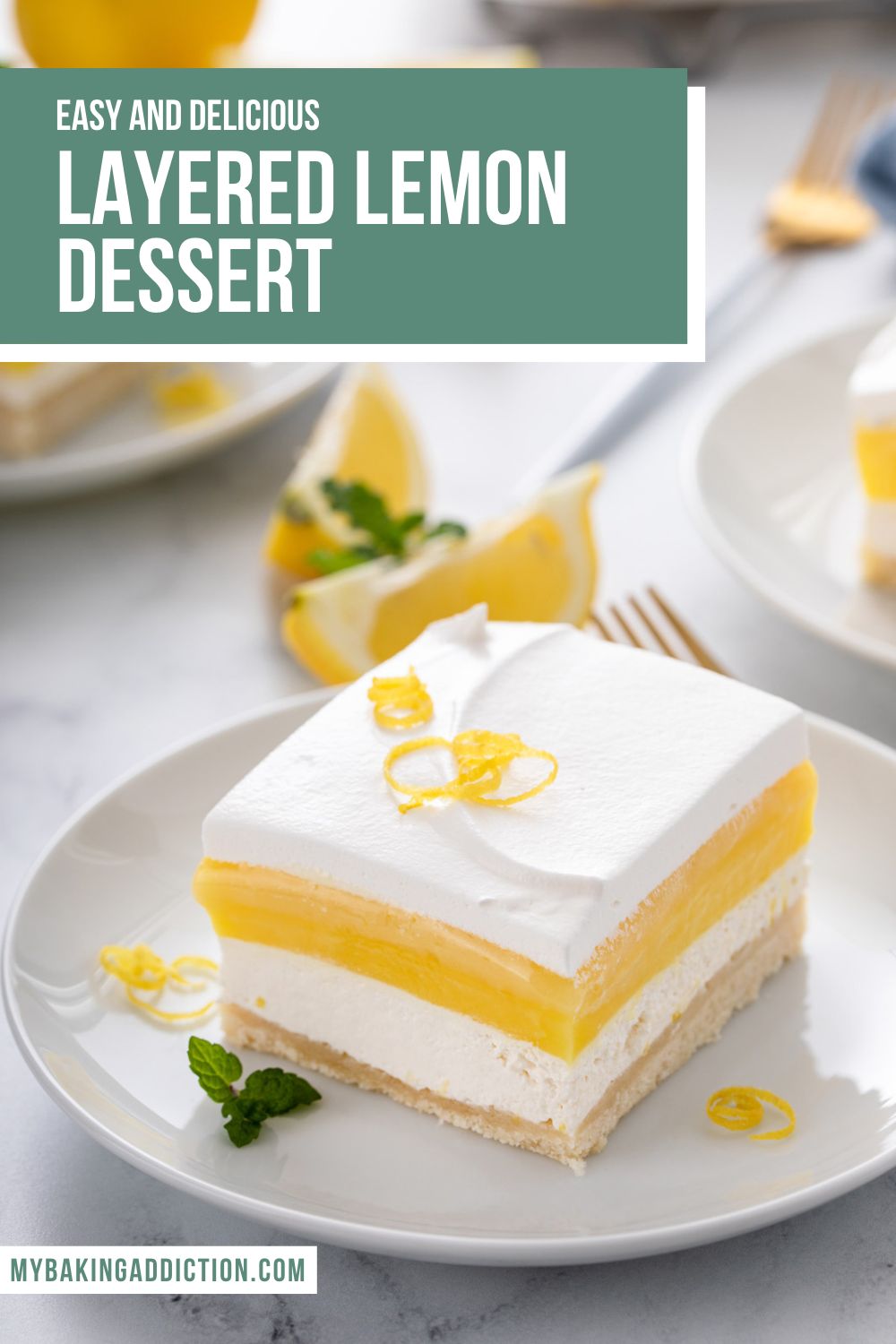 White plate holding a slice of layered lemon dessert that is garnished with lemon zest. Text overlay includes recipe name.