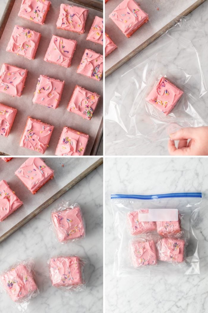 Four images showing wrapping sliced, frosted cake for freezing.