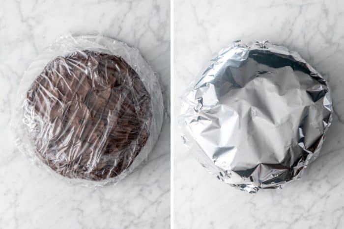 Four images showing wrapping sliced, frosted cake for freezing.