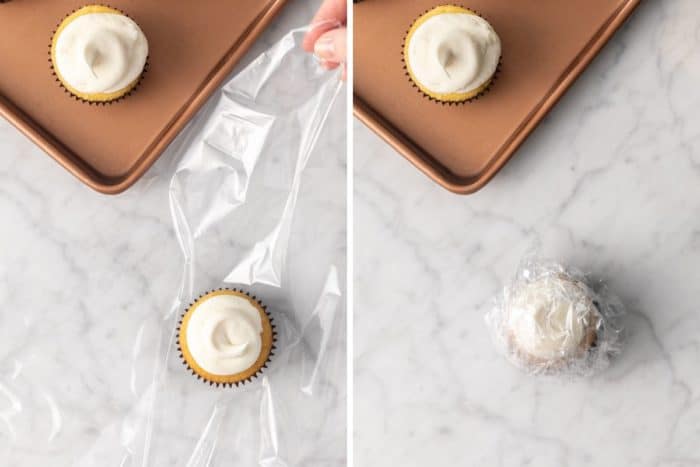 Two images showing wrapping a frosted cupcake in plastic wrap for freezing.