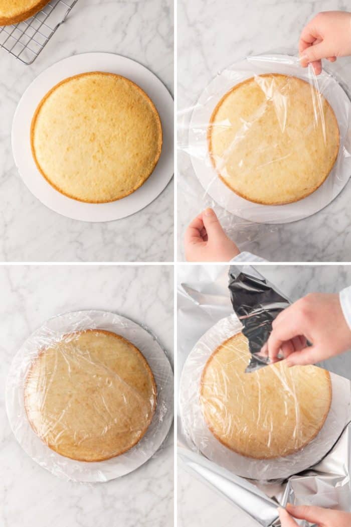 Four images showing wrapping an unfrosted cake layer in plastic wrap, then foil for freezing.