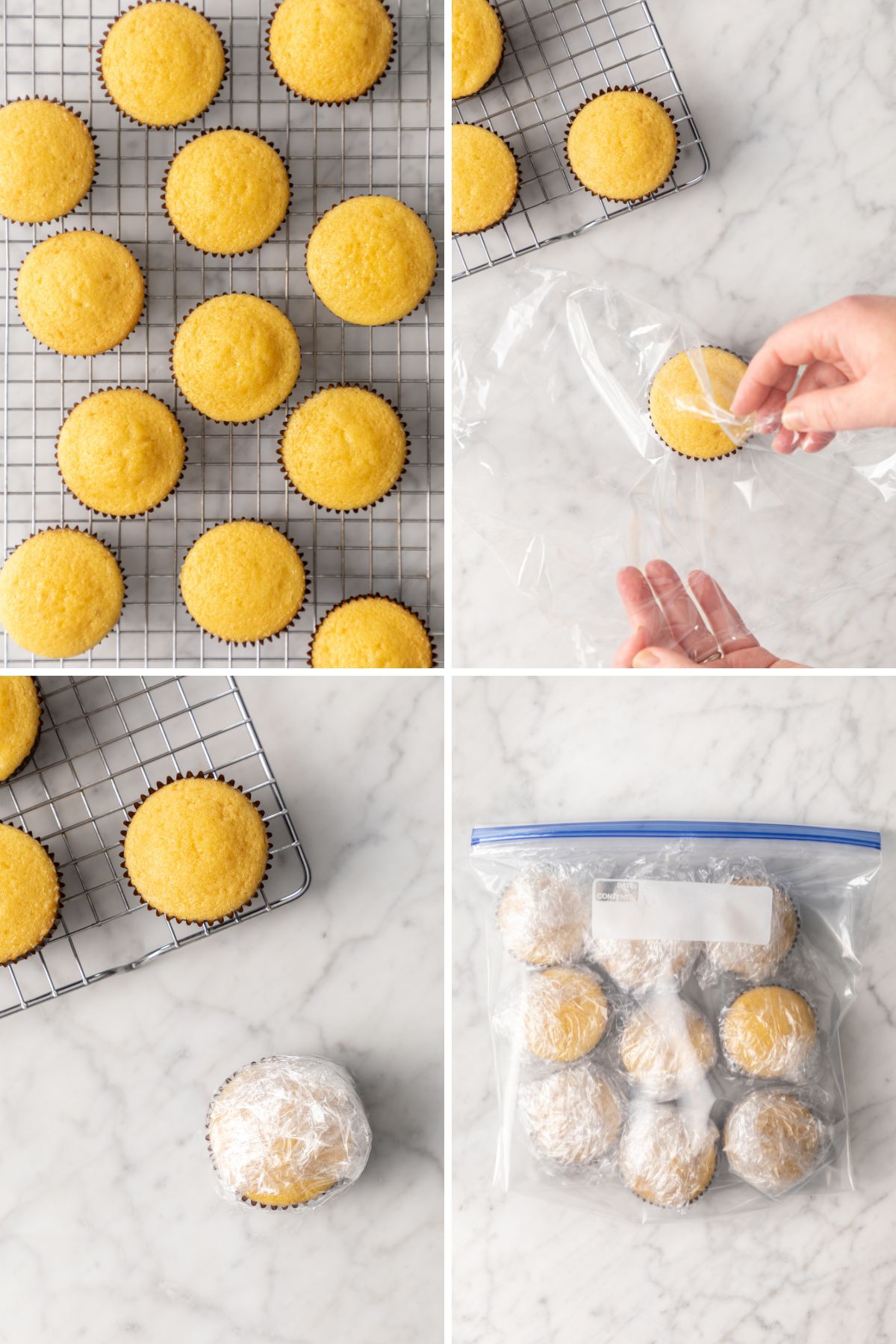 Four images showing wrapping unfrosted cupcakes for freezing.