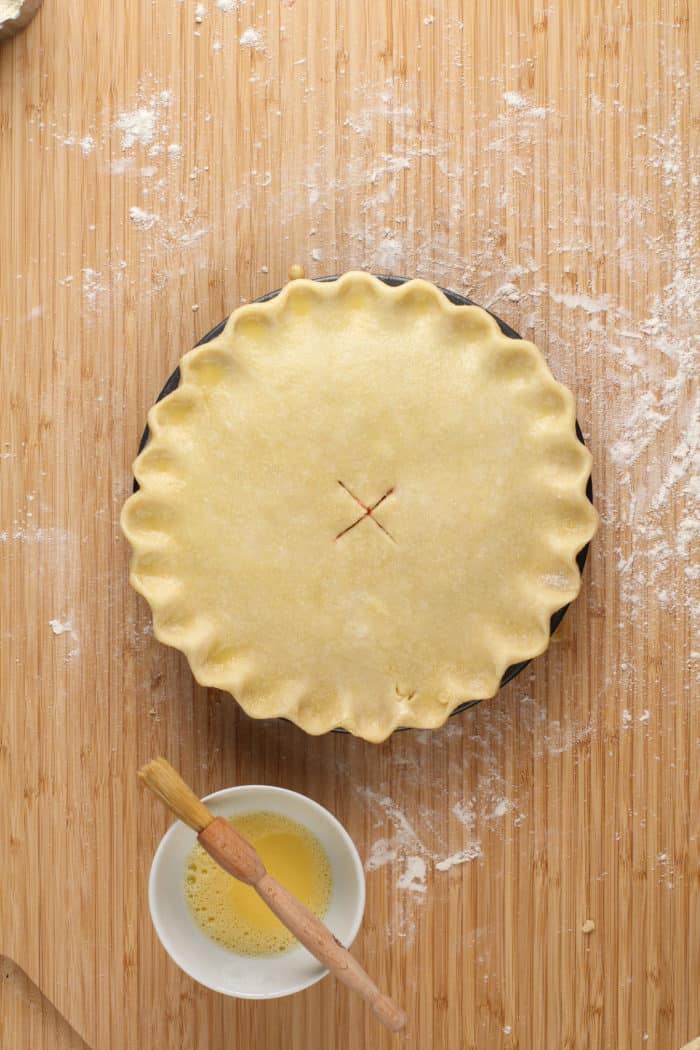 Assembled cherry pie, ready to go in the oven.