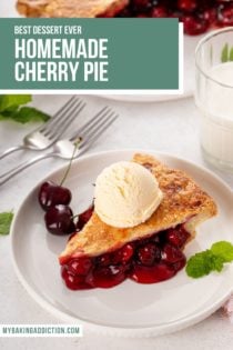 White plate with a slice of cherry pie topped with a scoop of vanilla ice cream. Text overlay includes recipe name.