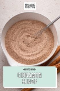 Cinnamon sugar being whisked in a white bowl. Text overlay includes recipe name.