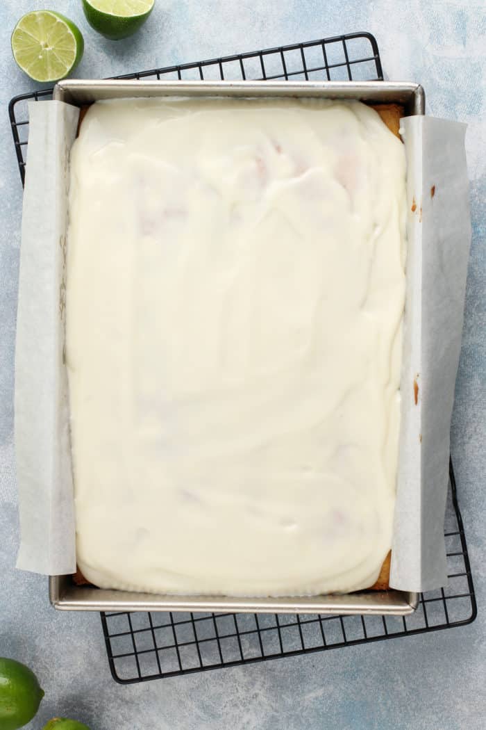 Vanilla cake topped with a mixture of key lime juice and condensed milk.