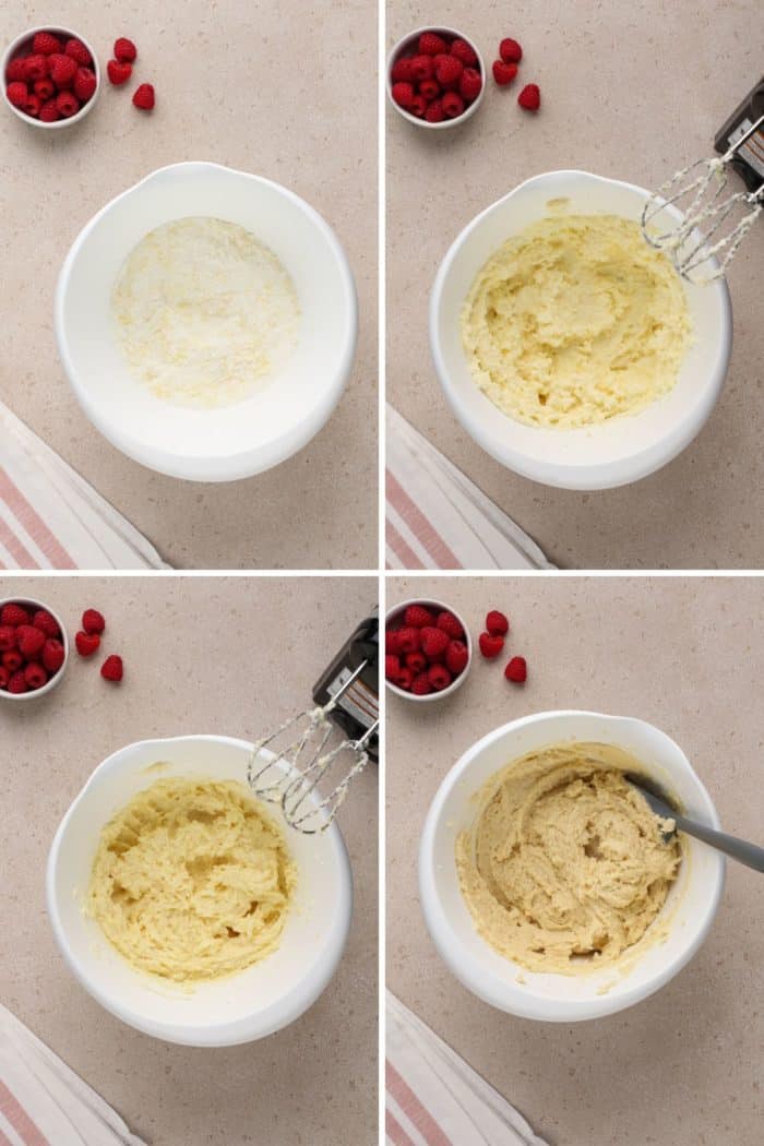 Four images of making dough for raspberry lemon cookies.