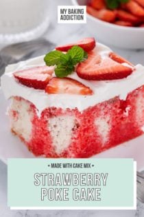 Slice of strawberry poke cake on a white plate. A bite has been taken from the corner of the cake. Text overlay includes recipe name.