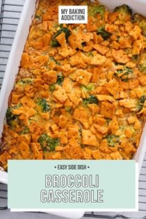Overhead view of baked broccoli casserole in a white baking dish. Text overlay includes recipe name.