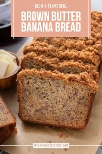 Loaf of brown butter banana bread cut into slices. Text overlay includes recipe name.