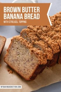 Sliced loaf of brown butter banana bread on a piece of parchment paper. Text overlay includes recipe name.