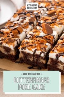 Sliced butterfinger poke cake on a piece of parchment paper. Text overlay includes recipe name.