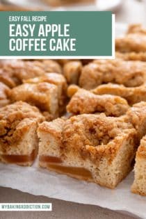 Close up of slices of easy apple coffee cake on a piece of parchment paper. Text overlay includes recipe name.