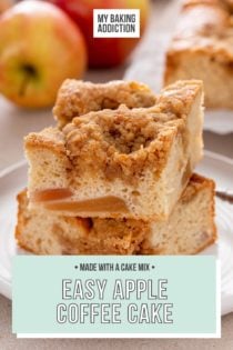 Two stacked slices of easy apple coffee cake on a white plate. Text overlay includes recipe name.