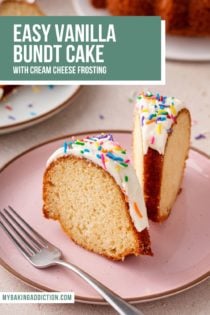 Two slices of easy vanilla bundt cake sitting up on a pink plate. Text overlay includes recipe name.
