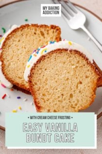 Two slices of vanilla bundt cake topped with cream cheese frosting and rainbow sprinkles laying down on a white plate. Text overlay includes recipe name.