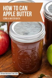 Close up of a jar of canned apple butter. Text overlay includes tutorial name.