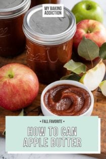 Small bowl of apple butter next to jars of canned apple butter. Text overlay includes tutorial name.