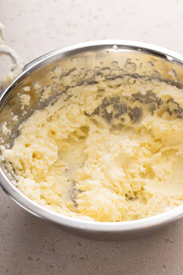Butter and sugar creamed for 3 minutes in a metal bowl.