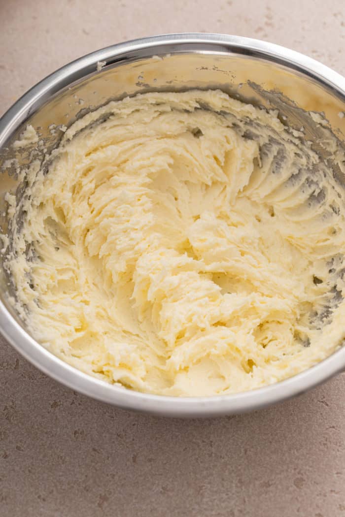 Butter and sugar creamed perfectly for 5 minutes in a metal bowl.