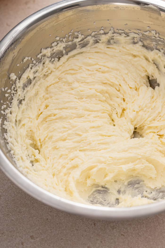 Butter and sugar creamed for 7 minutes in a metal bowl.