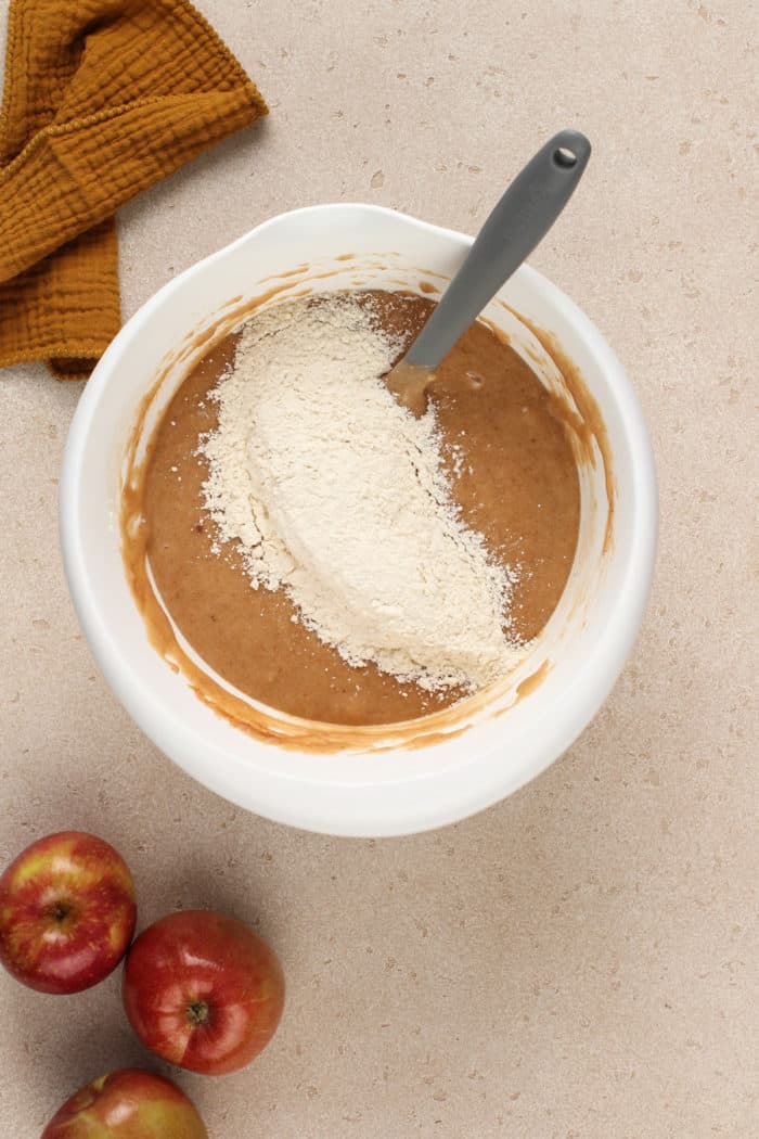 Dry ingredients about to be folded into apple butter cake batter.