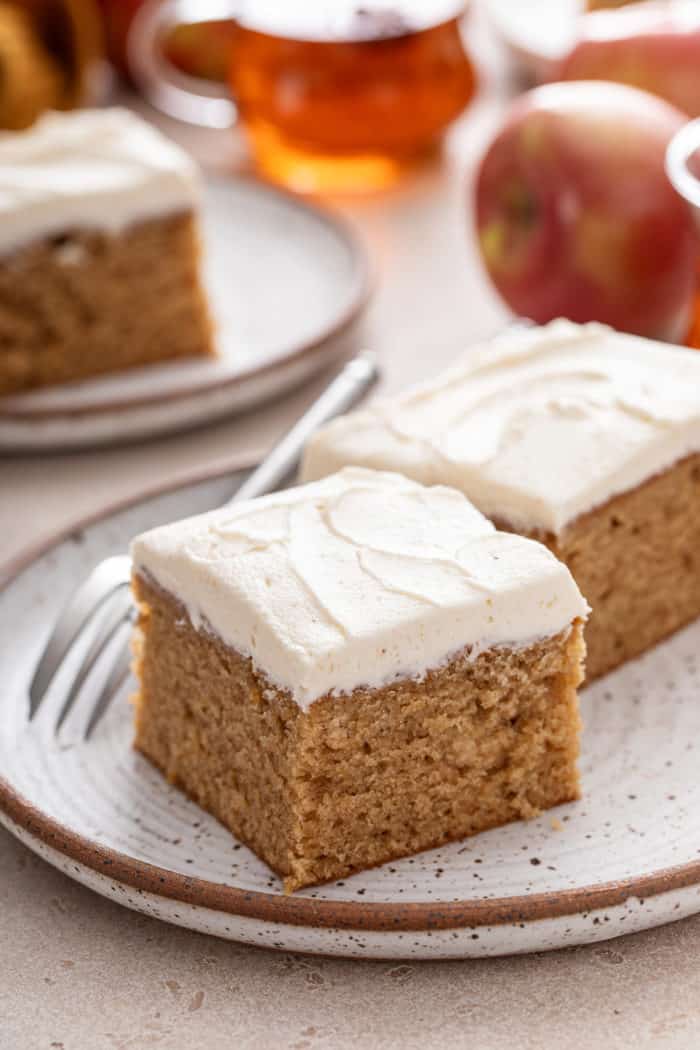 Close up view of 2 slices of apple butter cake on a stoneware plate.