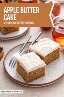 Two plates, each holding slices of apple butter cake. Text overlay includes recipe name.