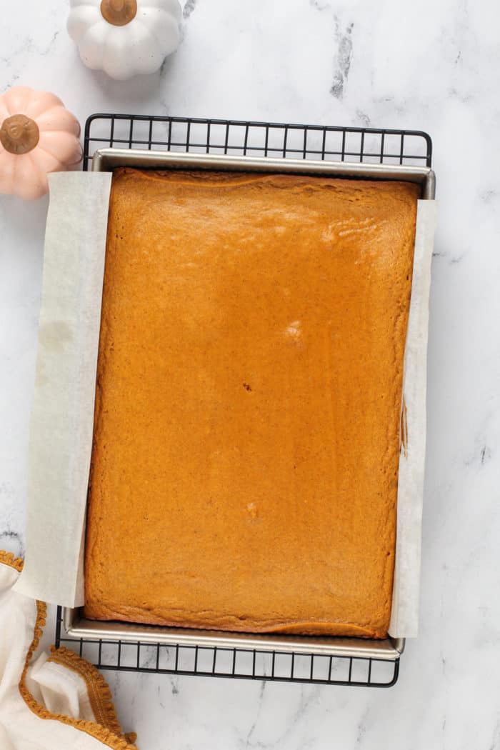 Baked pumpkin gooey butter cake cooling on a wire rack.