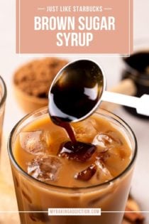Measuring spoon adding brown sugar syrup to a glass of iced coffee. Text overlay includes recipe name.