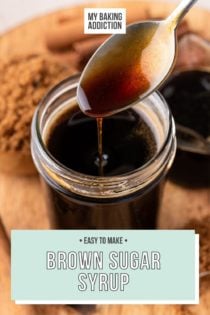 Spoon drizzling brown sugar syrup back into a jar. Text overlay includes recipe name.