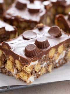 Close up image of peanut butter cup rice krispie treat.