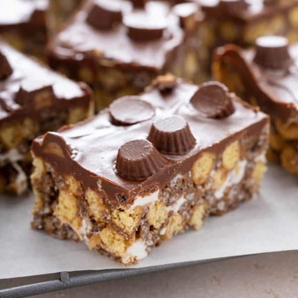 Close up image of peanut butter cup rice krispie treat.