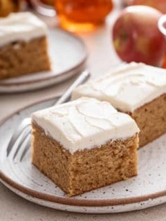 Close up view of 2 slices of apple butter cake on a stoneware plate.