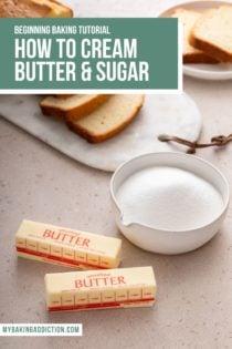 White bowl of sugar and two sticks of butter on a countertop in front of a sliced pound cake. Text overlay includes tutorial name.