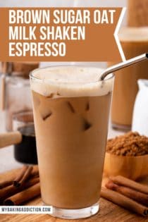 Tall glass filled with shaken espresso, set on a wooden board. Text overlay includes recipe name.