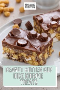 Two plated peanut butter cup rice krispie treats. Text overlay includes recipe name.