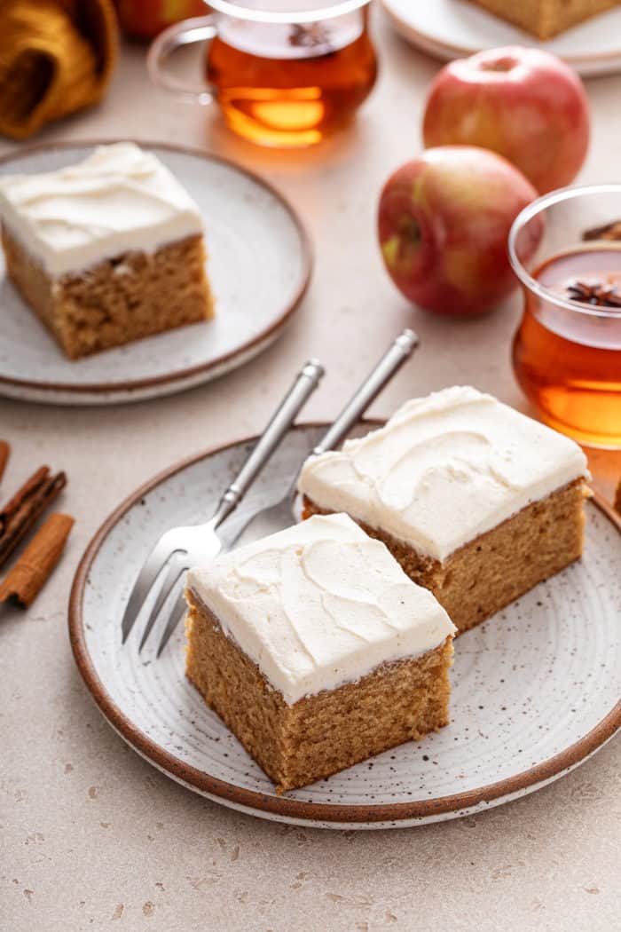 Two plates, each holding slices of apple butter cake.