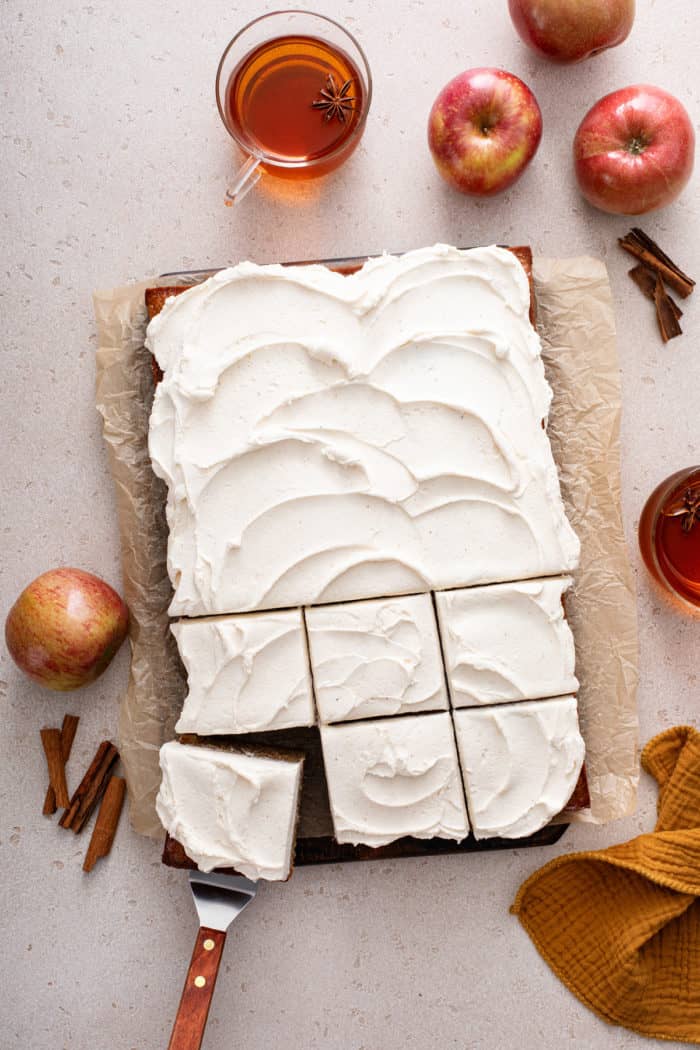 Overhead view of sliced apple butter cake.