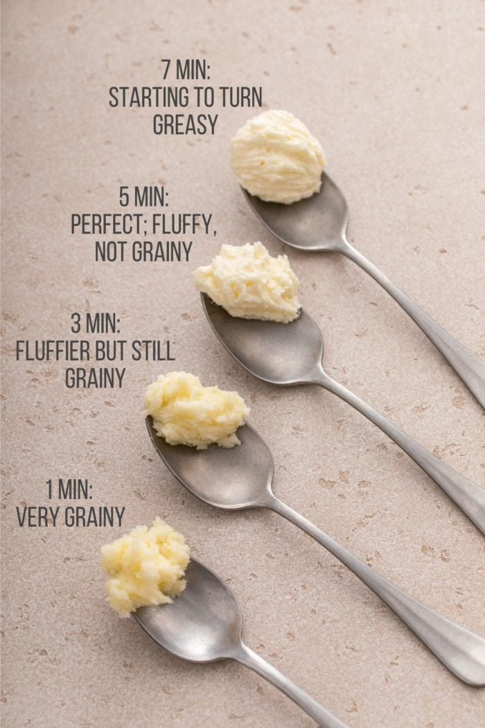 Four spoons, each holding a spoonful of creamed butter and sugar at a different stage: 1 minute, 3 minutes, 5 minutes, and 7 minutes.