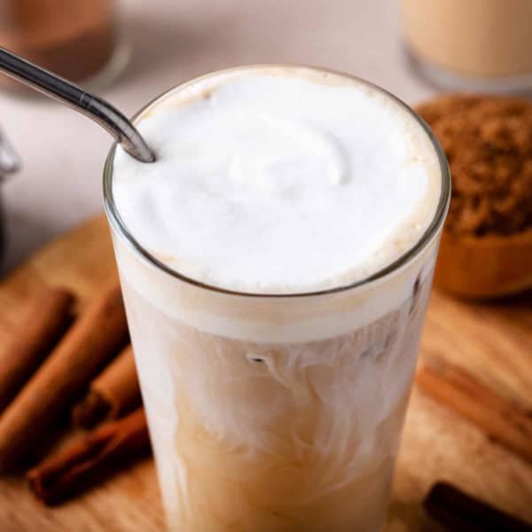 Iced coffee topped with vanilla sweet cream cold foam.