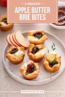 Five apple butter brie bites arranged on a plate. Text overlay includes recipe name.